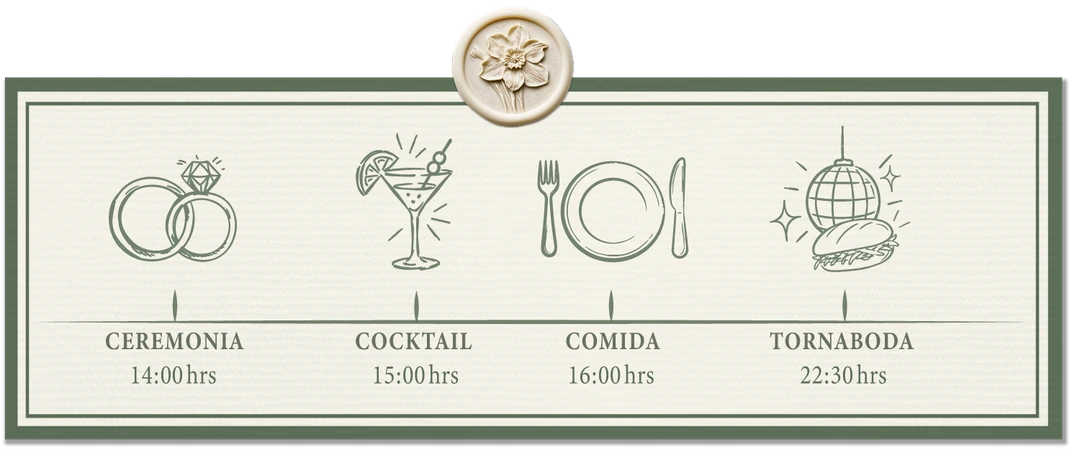 Ceremonia: 14:00. Cóctel: 15:00. Comida: 16:00. Tornaboda: 22:30.