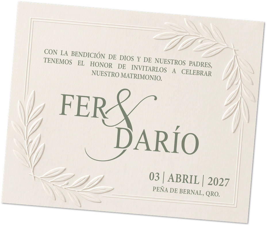 Con la bendición de Dios y de nuestros padres, tenemos el honor de invitarlos a celebrar nuestro matrimonio. Fer y Darío. 03 de abril de 2027. Peña de Bernal, Qro.