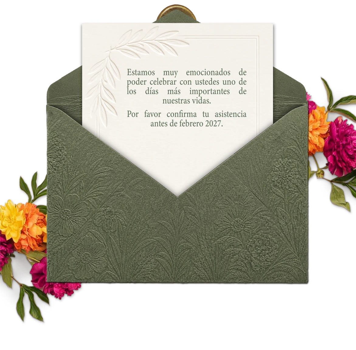 Estamos muy emocionados de poder celebrar con ustedes uno de los días más importantes de nuestras vidas. Por favor confirma tu asistencia antes de febrero de 2027.