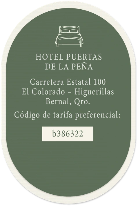 Hotel Puertas de la Peña. Carretera Estatal 100, El Colorado–Higuerillas, Bernal, Querétaro. Código de tarifa preferencial: b386322.
